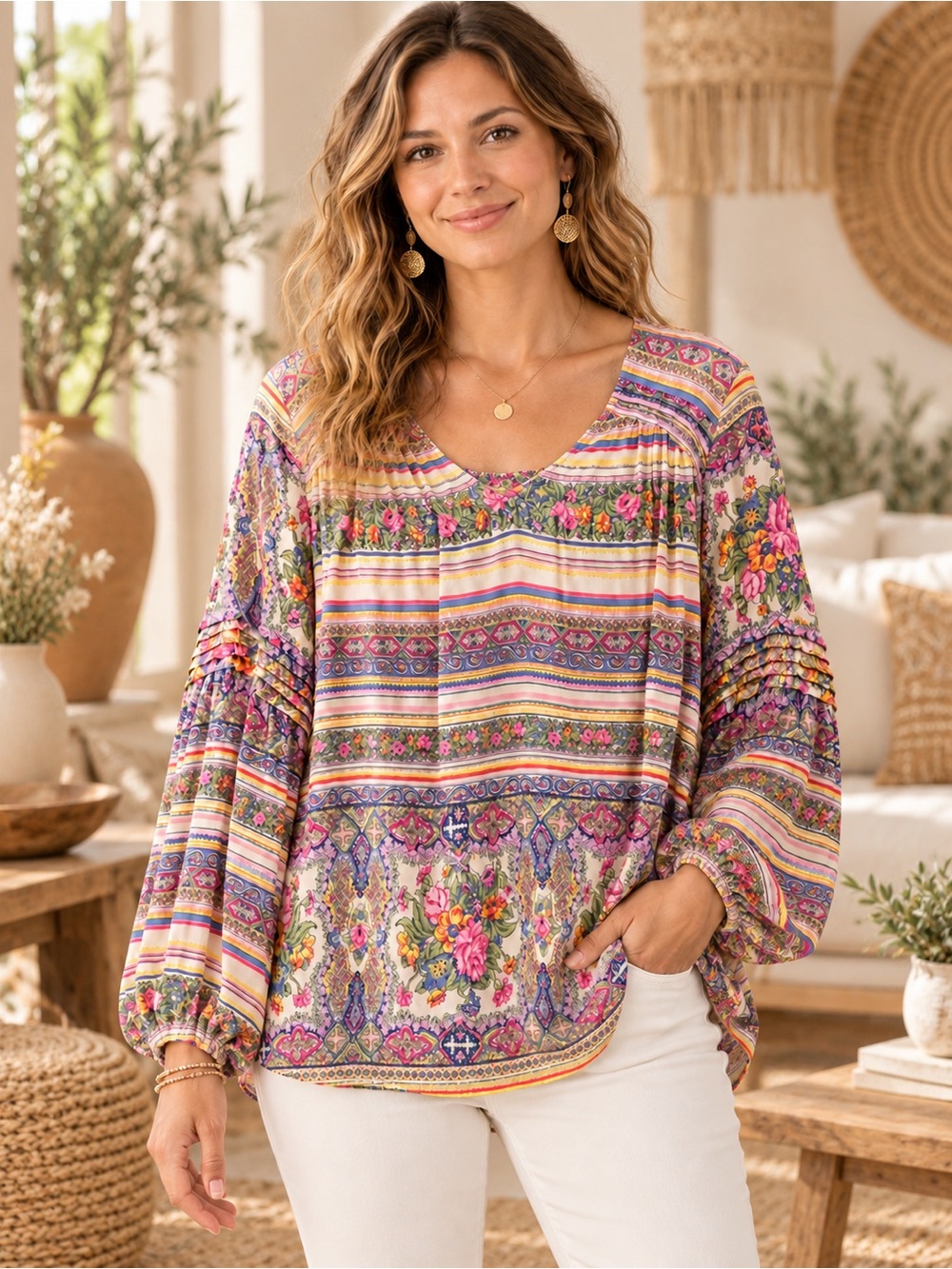 Anthropologie Floral & Stripe Peasant Tunic - Pink, Purple & Cream